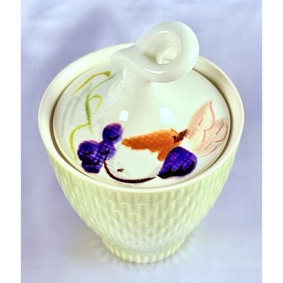 Vintage Red Wing Capistrano Sugar Bowl & Lid Set Green Basket Flowers USA - Picture 2 of 8